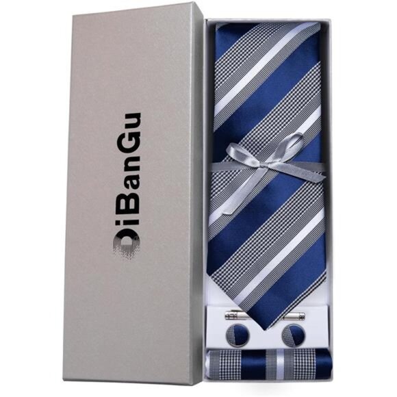 Mens Striped Tie Silk Woven Necktie and Pocket Square Cufflinks Tie Clip Set